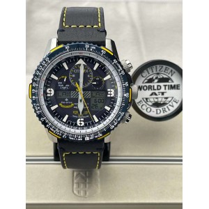 2021黑五限时折扣西铁城男表光动能手表 42mm 不锈钢 多功能 Radio Controlled dual time keeping SkyHawk Collection 日期窗口 皮表带JY8708-01L